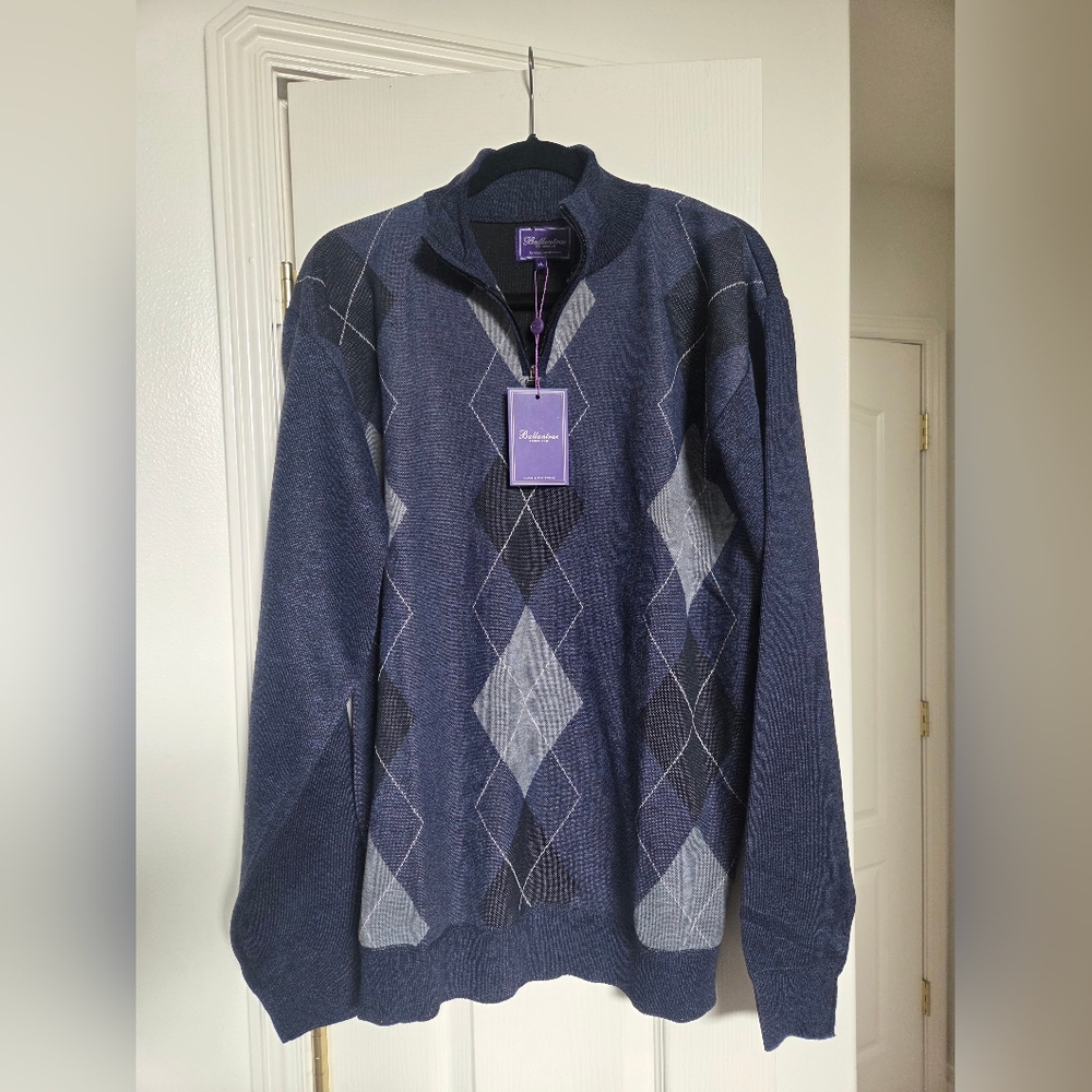 Ballantrae Men’s Argyle Half-Zip Sweater NWT Blue Melange XL